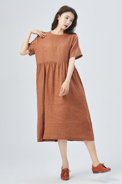 Brown Linen Dress - Oversized Relaxed Fit with Short Sleeves 4158