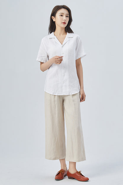 White Linen Shirt – Handmade Short Sleeve Summer Blouse | Xiaolizi 4148