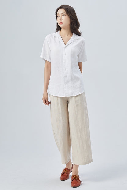 White Linen Shirt – Handmade Short Sleeve Summer Blouse | Xiaolizi 4148