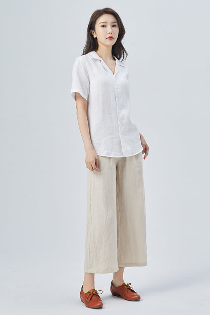 White Linen Shirt – Handmade Short Sleeve Summer Blouse | Xiaolizi 4148