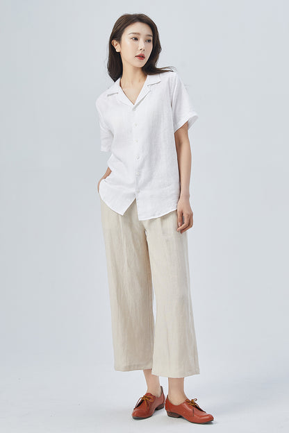 White Linen Shirt – Handmade Short Sleeve Summer Blouse | Xiaolizi 4148