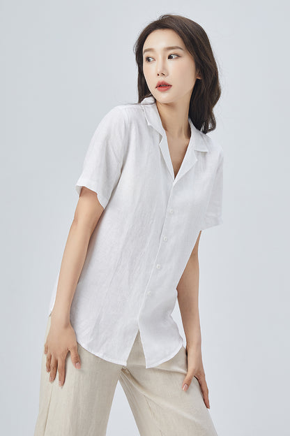 White Linen Shirt – Handmade Short Sleeve Summer Blouse | Xiaolizi 4148