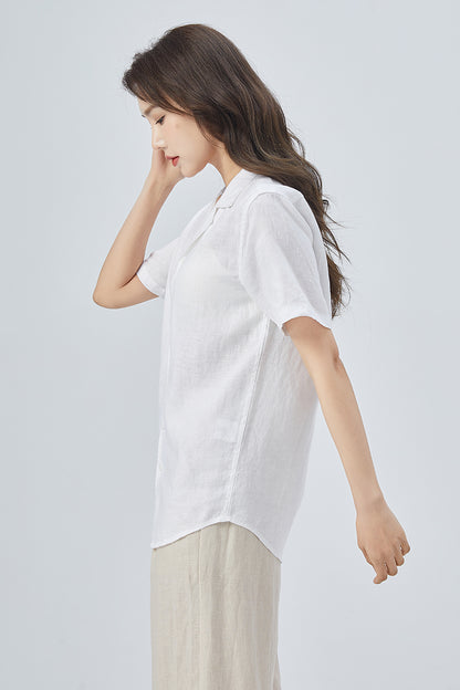 White Linen Shirt – Handmade Short Sleeve Summer Blouse | Xiaolizi 4148