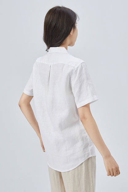 White Linen Shirt – Handmade Short Sleeve Summer Blouse | Xiaolizi 4148