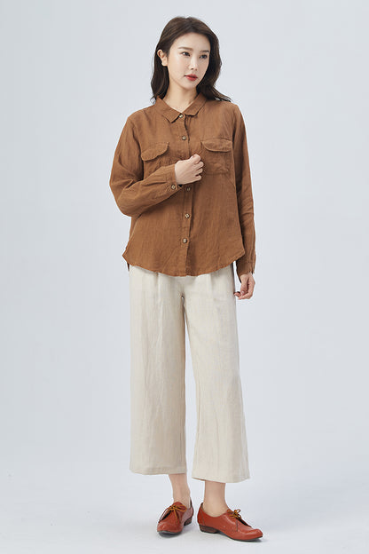 Brown Linen Oversize Shirt - Relaxed Fit with Button Front 4159