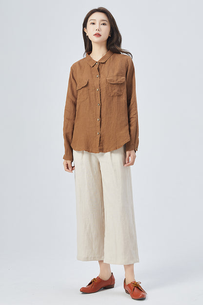 Brown Linen Oversize Shirt - Relaxed Fit with Button Front 4159