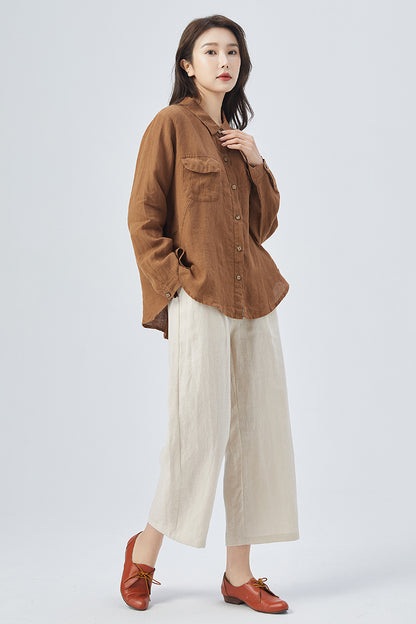 Brown Linen Oversize Shirt - Relaxed Fit with Button Front 4159