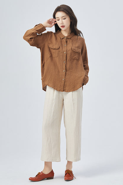 Brown Linen Oversize Shirt - Relaxed Fit with Button Front 4159