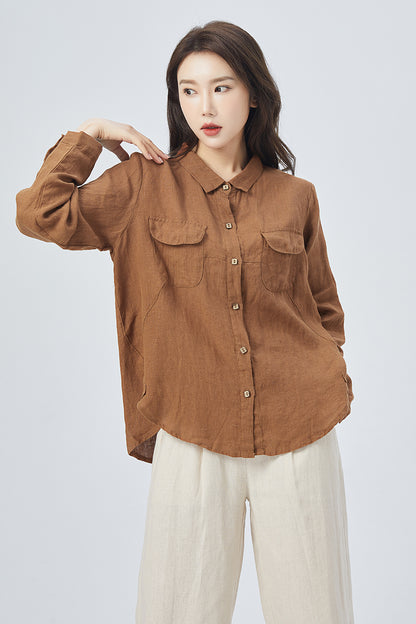 Brown Linen Oversize Shirt - Relaxed Fit with Button Front 4159