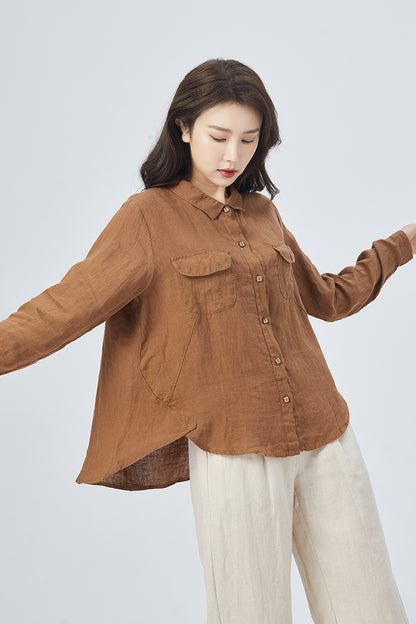 Brown Linen Oversize Shirt - Relaxed Fit with Button Front 4159