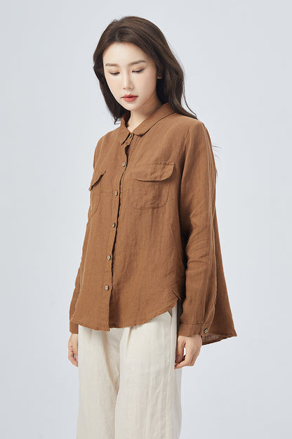 Brown Linen Oversize Shirt - Relaxed Fit with Button Front 4159