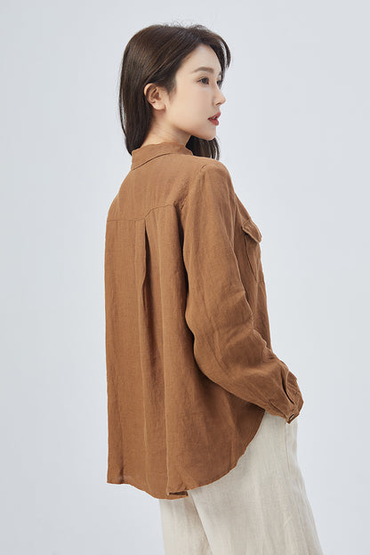 Brown Linen Oversize Shirt - Relaxed Fit with Button Front 4159
