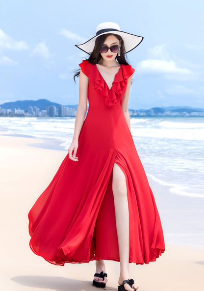 Red Chiffon Maxi Dress - V Neck with Ruffle Detail 2852