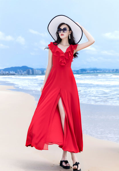 Red Chiffon Maxi Dress - V Neck with Ruffle Detail 2852