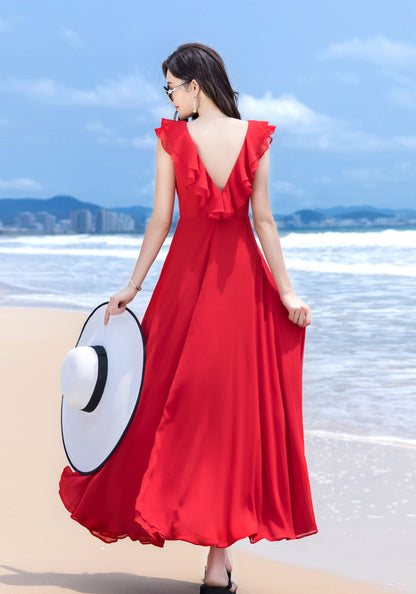 Red Chiffon Maxi Dress - V Neck with Ruffle Detail 2852