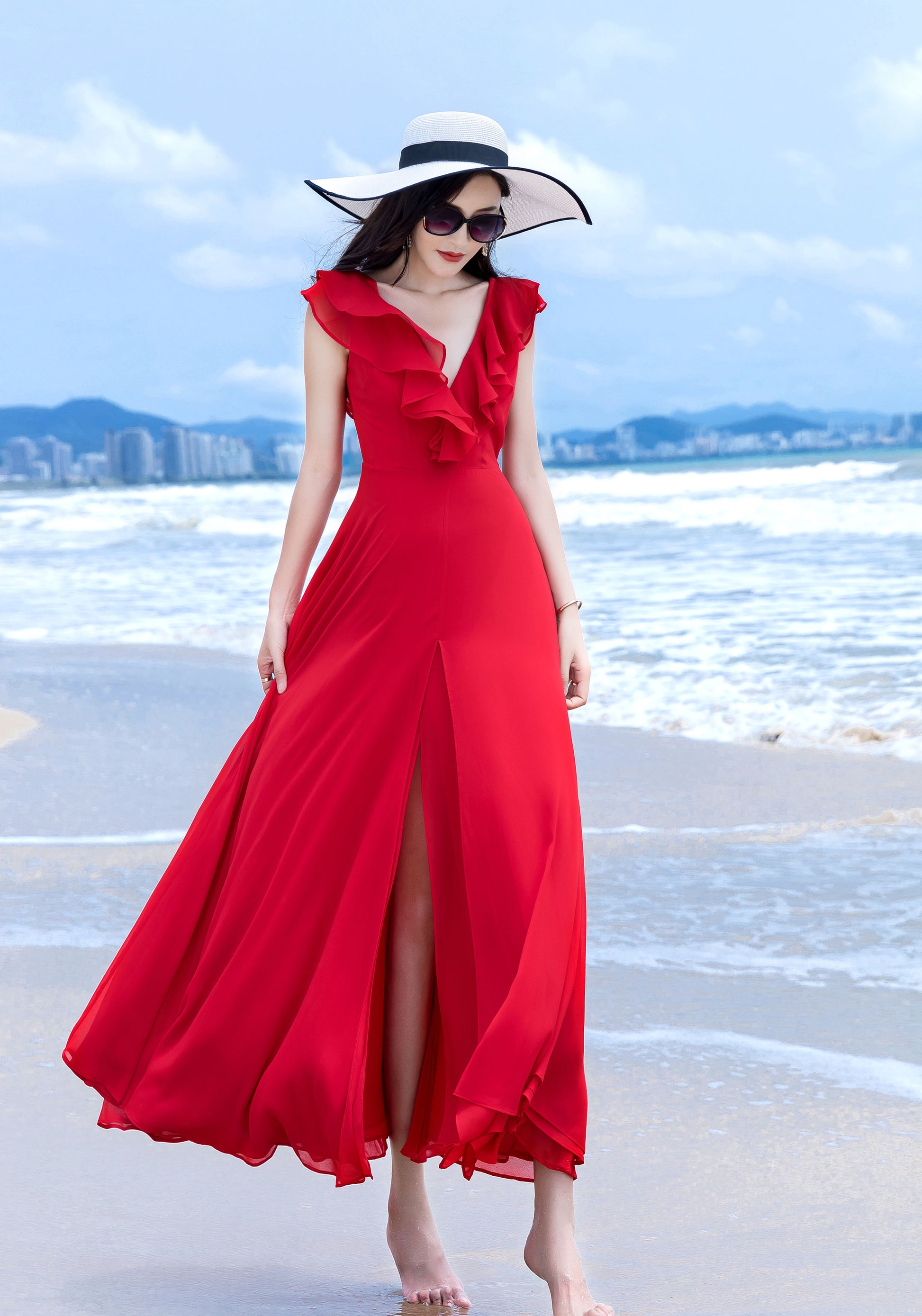 red chiffon summer dress Miaspire Elegant Burgundy Red Chiffon Midi Dress For Women,Summer Party Dress With Scalloped Neckline And Ruffle Short Sleeves,Perfect For Wedding Guest,Prom
