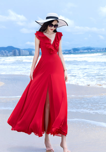 Red Chiffon Maxi Dress - V Neck with Ruffle Detail 2852