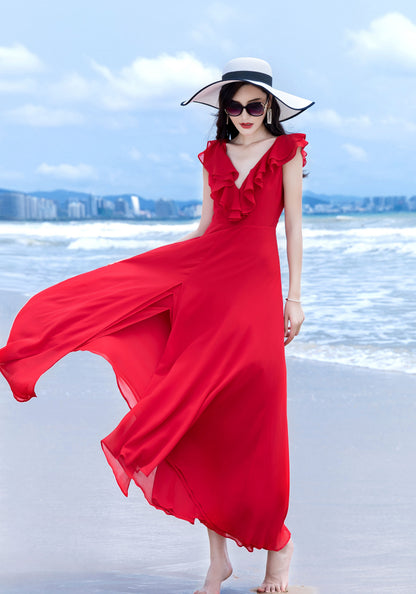 Red Chiffon Maxi Dress - V Neck with Ruffle Detail 2852