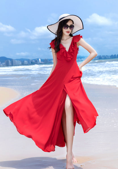 Red Chiffon Maxi Dress - V Neck with Ruffle Detail 2852