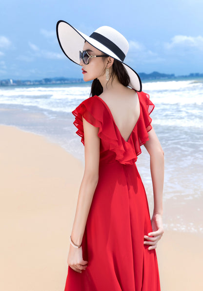 Red Chiffon Maxi Dress - V Neck with Ruffle Detail 2852