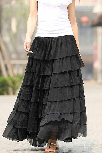 Women's long maxi chiffon skirt in black 0939#