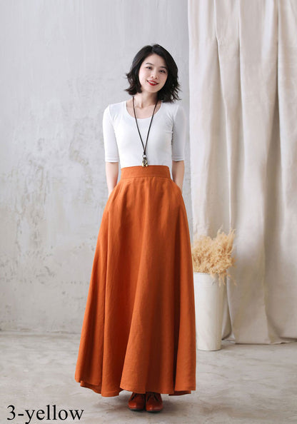 Gray Linen A-Line Maxi Skirt - Elastic Waist with Side Pockets 2822