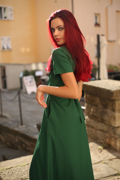 Green Linen Dress - Wrap, A-Line Silhouette 3266
