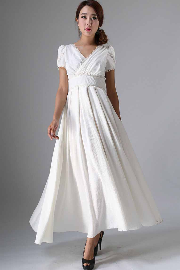 White Linen Maxi Dress - V-Neck Fit & Flare Lace Detail | Xiaolizi 959 - White / XS White Linen Maxi Dress - V-Neck Fit & Flare Lace Detail | Xiaolizi 959 - White / XS