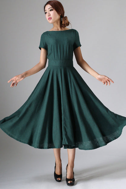 Elegant Linen Blend Midi Dress – Vintage Fit and Flare Boat Neck Dress 0971
