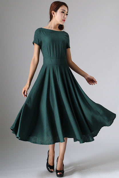 Vintage inspired green linen midi dress with flattering waist