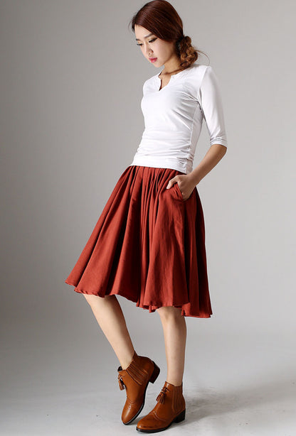 Red Linen Cotton Blend Pleated Midi Skirt - Flowing Waistband Detail 978
