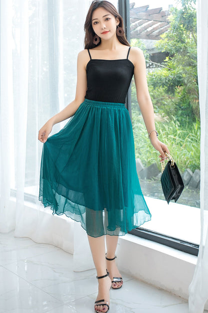 Women A Line Boho Elastic Waist Chiffon Skirt 2913