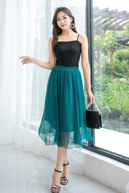 Women A Line Boho Elastic Waist Chiffon Skirt 2913
