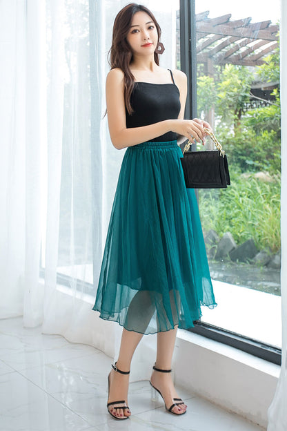 Women A Line Boho Elastic Waist Chiffon Skirt 2913