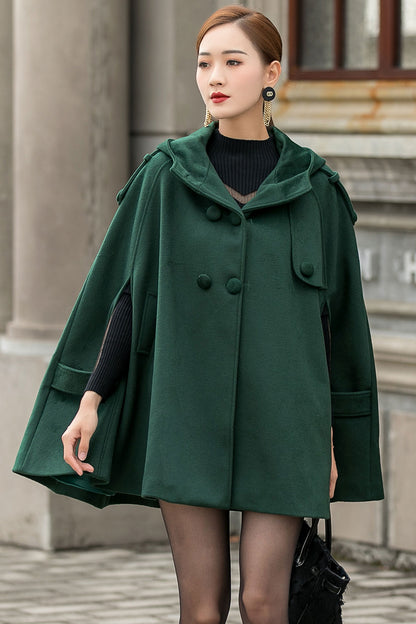 Handmade Green Wool Cape Coat – Hooded Double-Breasted Winter Overcoat | Xiaolizi 3141