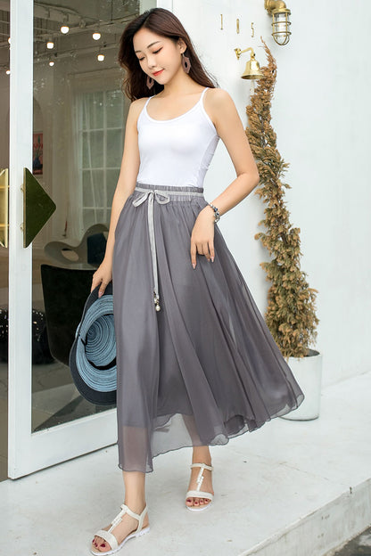 Gray Swing Midi Chiffon Skirt 291001