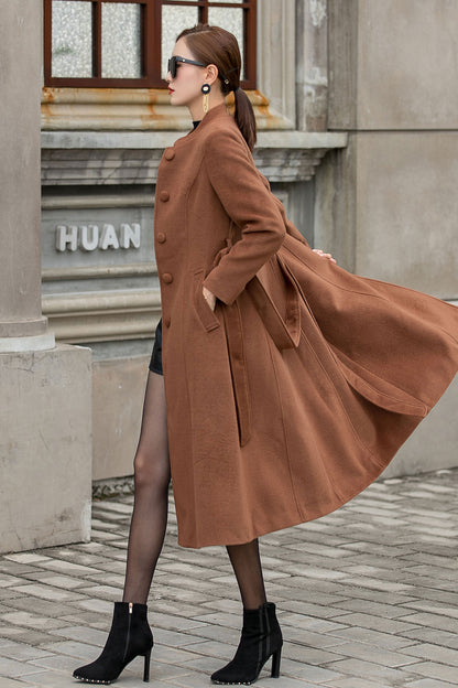 Camel Wool Coat – Handmade Stand Collar Winter Midi with Belt | Xiaolizi 3144