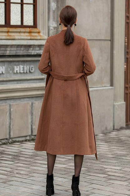 Camel Wool Coat – Handmade Stand Collar Winter Midi with Belt | Xiaolizi 3144