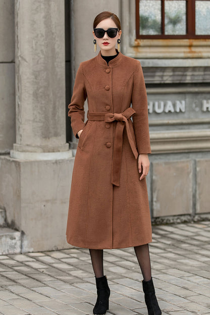 Camel Wool Coat – Handmade Stand Collar Winter Midi with Belt | Xiaolizi 3144