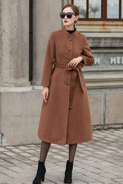 Camel Wool Coat – Handmade Stand Collar Winter Midi with Belt | Xiaolizi 3144