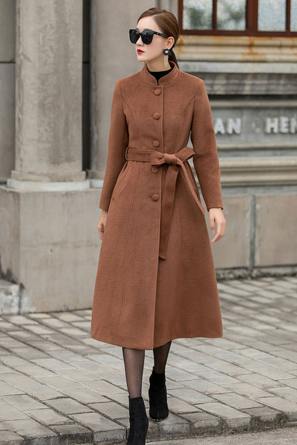 Camel Wool Coat – Handmade Stand Collar Winter Midi with Belt | Xiaolizi 3144