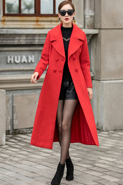 Handmade Red Wool Coat – Vintage Double Breasted Long Winter Overcoat | Xiaolizi 3145