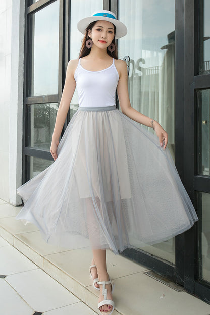 Light Grey Chiffon Midi Skirt - High Waisted, Elastic Waistband 2917