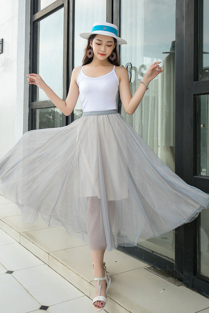 Light Grey Chiffon Midi Skirt - High Waisted, Elastic Waistband 2917