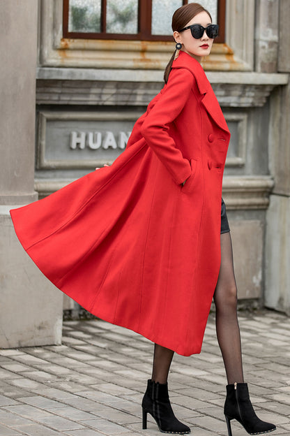 Handmade Red Wool Coat – Vintage Double Breasted Long Winter Overcoat | Xiaolizi 3145
