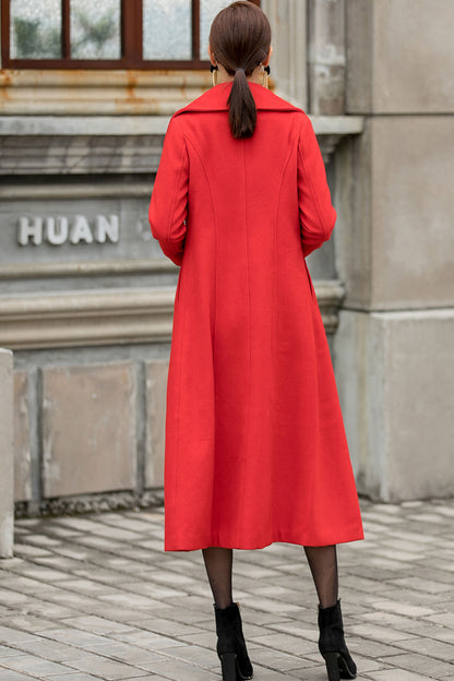 Handmade Red Wool Coat – Vintage Double Breasted Long Winter Overcoat | Xiaolizi 3145