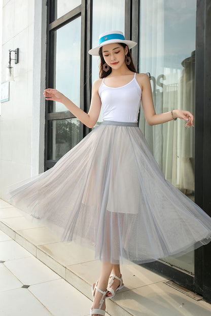 Light Grey Chiffon Midi Skirt - High Waisted, Elastic Waistband 2917