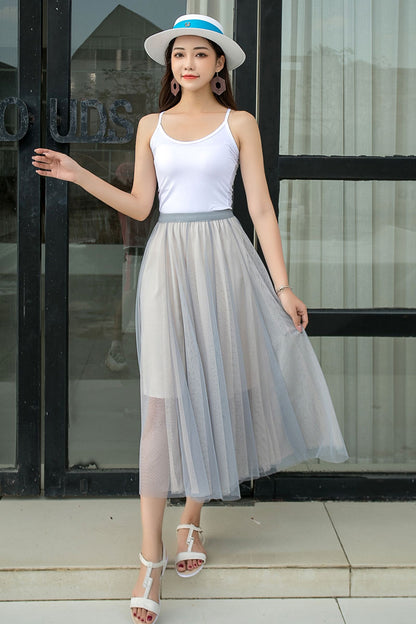 Light Grey Chiffon Midi Skirt - High Waisted, Elastic Waistband 2917