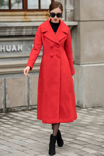 Handmade Red Wool Coat – Vintage Double Breasted Long Winter Overcoat | Xiaolizi 3145