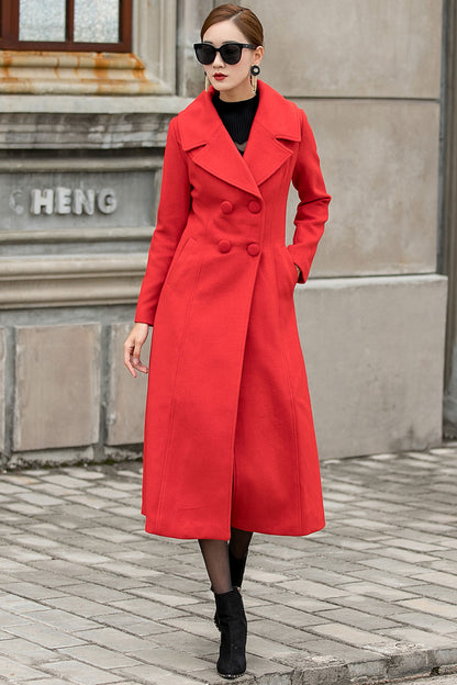 Handmade Red Wool Coat – Vintage Double Breasted Long Winter Overcoat | Xiaolizi 3145